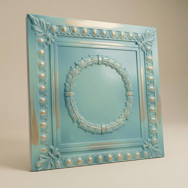 Worn Vintage Tin - Persian Motifs - Blue, Silver - Decorative Ceiling Panel - 2 ft x 2 ft