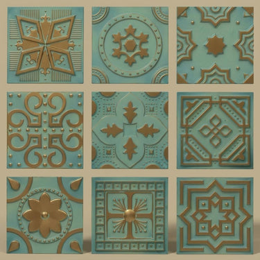 Vintage Tin Gothic - Persian Motifs - Blue, Silver - Decorative Ceiling Panel - 2 ft x 2 ft