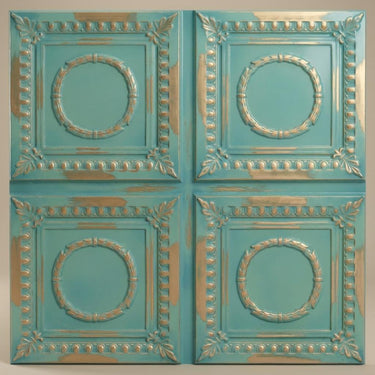 Faded Vintage Tin - Persian Motifs - Blue, Silver - Decorative Ceiling Panel - 2 ft x 2 ft