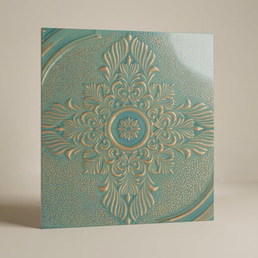 Classic Vintage Tin - Baali Botanical - Blue, Silver - Decorative Ceiling Panel - 2 ft x 2 ft