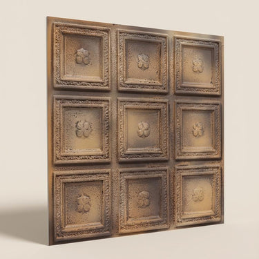 Time-Worn Stained Metal - Greek Geometric - Copper, Bronze - Decorative Ceiling Panel - 2 ft x 2 ft