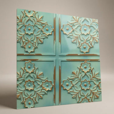 Time-Worn Vintage Tin - Baali Botanical - Blue, Silver - Decorative Ceiling Panel - 2 ft x 2 ft