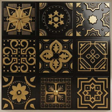 Antique Gold Hammered - Persian Motifs - Gold, Brown - Decorative Ceiling Panel - 2 ft x 2 ft