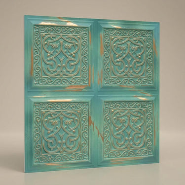 Old-World Vintage Tin - Persian Motifs - Blue, Silver - Decorative Ceiling Panel - 2 ft x 2 ft