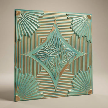 Carved Vintage Tin - Baali Botanical - Blue, Silver - Decorative Ceiling Panel - 2 ft x 2 ft