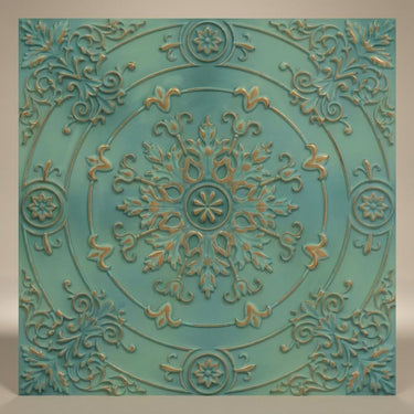Embossed Vintage Tin - Baali Botanical - Blue, Silver - Decorative Ceiling Panel - 2 ft x 2 ft