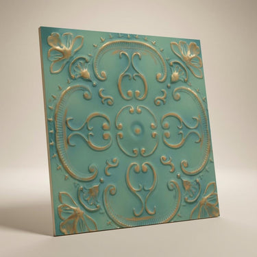 Medieval Vintage Tin - Persian Motifs - Blue, Silver - Decorative Ceiling Panel - 2 ft x 2 ft