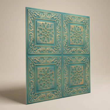 Impressed Vintage Tin - Baali Botanical - Blue, Silver - Decorative Ceiling Panel - 2 ft x 2 ft