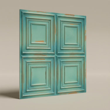 Etched Vintage Tin - Greek Geometric - Blue, Silver - Decorative Ceiling Panel - 2 ft x 2 ft