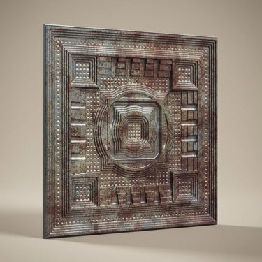 Aged Old Town Tin - Greek Geometric - Grey, Silver - Decorative Ceiling Panel - 2 ft x 2 ft