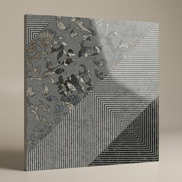 Floral Fusion Gris Designer, Dark Grey, Printed, Tiles - Vitrified - Full Body, 2 x 2 ft, 9 mm
