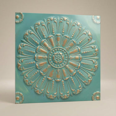 Relief Vintage Tin - Baali Botanical - Blue, Silver - Decorative Ceiling Panel - 2 ft x 2 ft