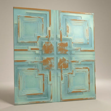 Vintage Tin Patina - Greek Geometric - Blue, Silver - Decorative Ceiling Panel - 2 ft x 2 ft